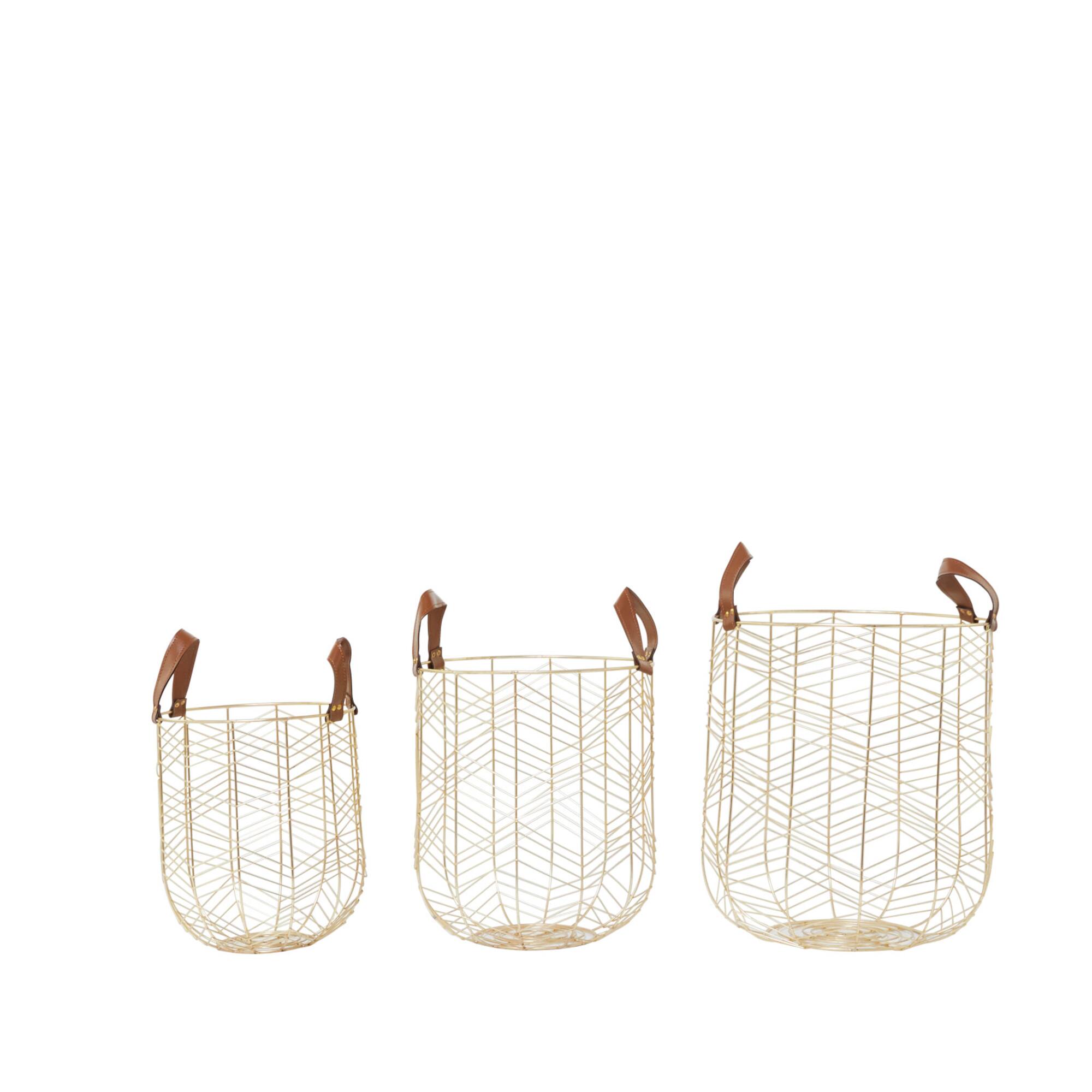 CosmoLiving by Cosmopolitan Gold Metal Storage Basket with Faux Leather Handles Set of 3 16", 14", 12"